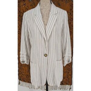 HALSTON Linen Blend Lightweight Jacket LARGE White Silver Stripe One Button